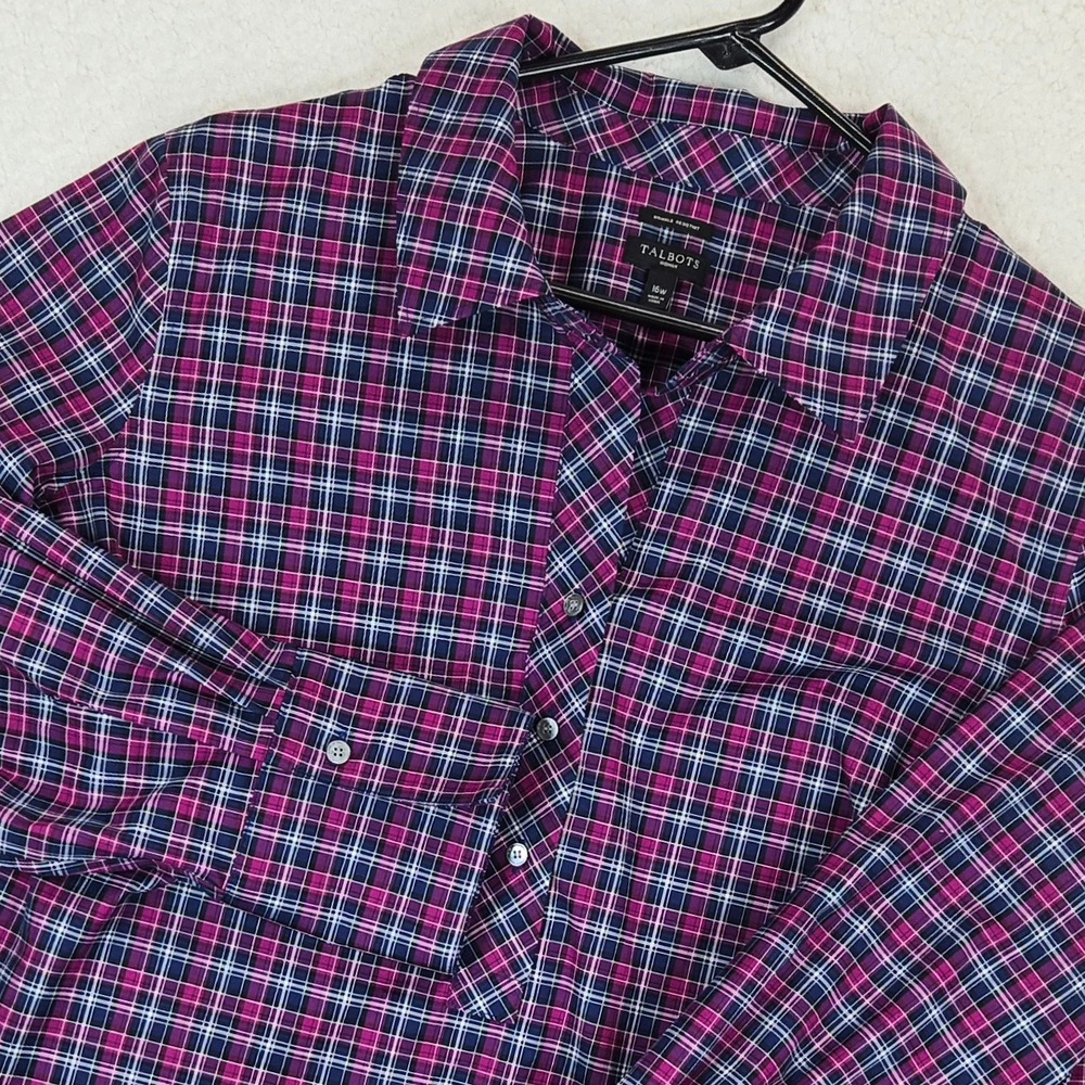 Talbots Popover Blouse Womens 16W Magenta Navy Blue Plaid Wrinkle Resistant Top